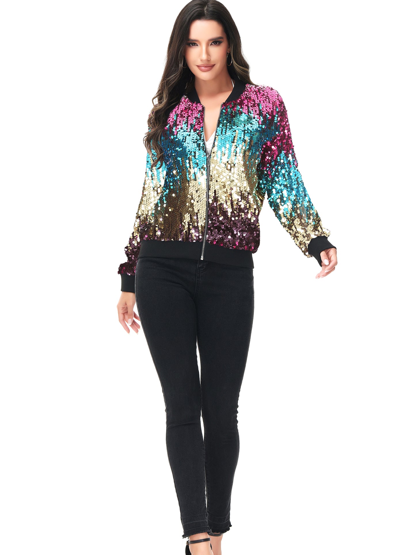 Sequin Bomber Zip-Up Jacket