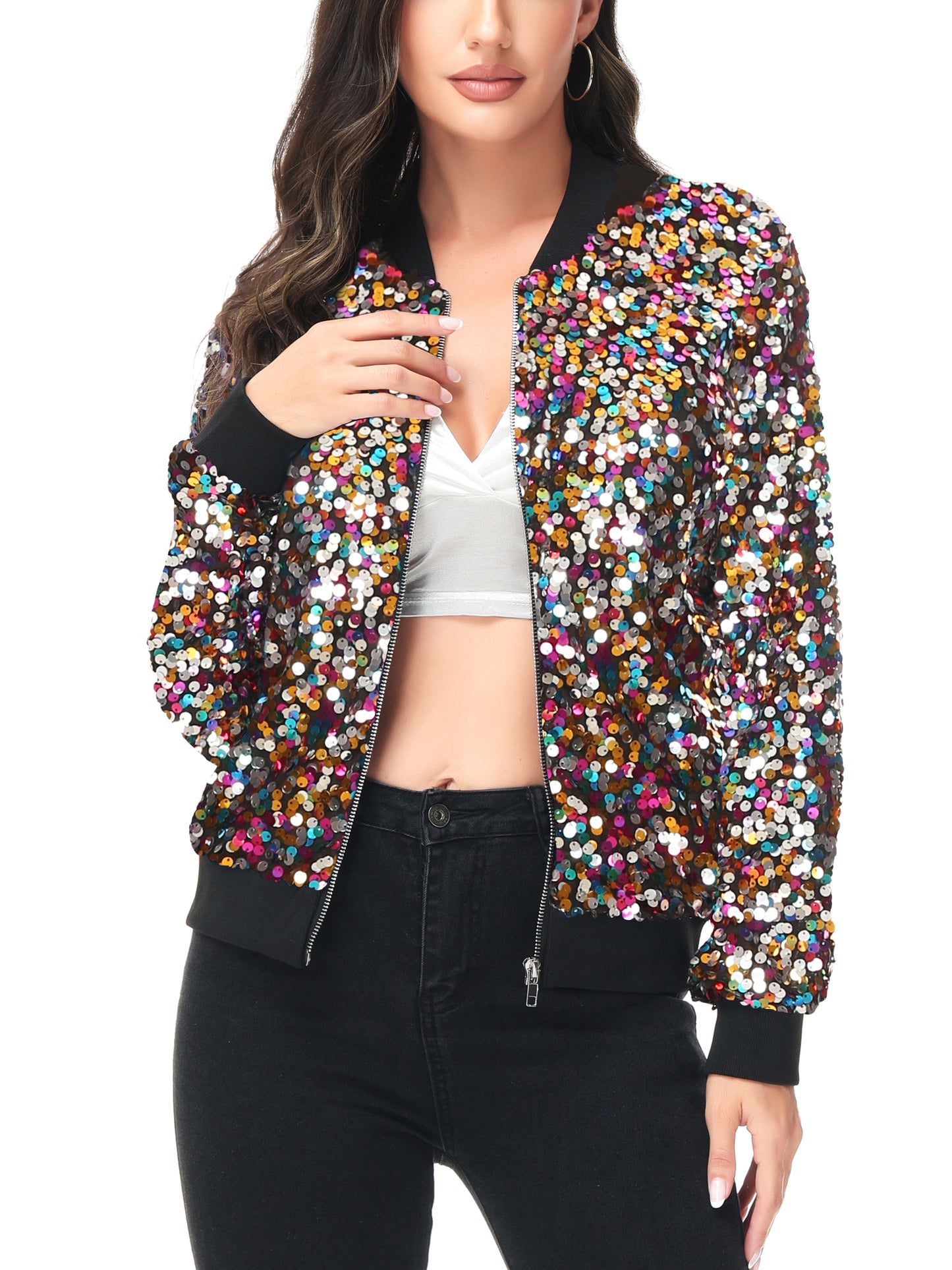 Sequin Bomber Zip-Up Jacket