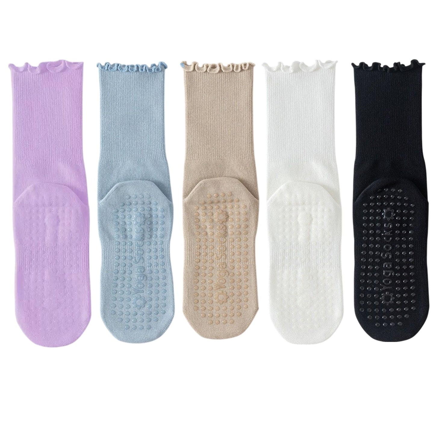 Anna-Kaci 5 Pairs Women's Anti-Slip Crew Yoga Socks Soft Cotton Grip Sole Seamless Toe Design for Pilates Indoor Workouts