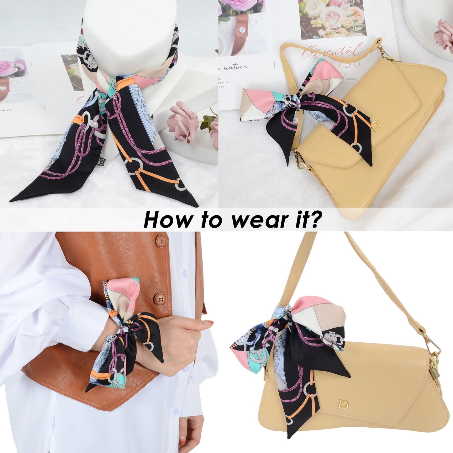 Alilang 100% Mulberry Silk Versatile Scarf Ribbon Head Hair Handbag Purse Neckerchief Skinny Scarf Belt for Women 3.86 x 1.97 inch