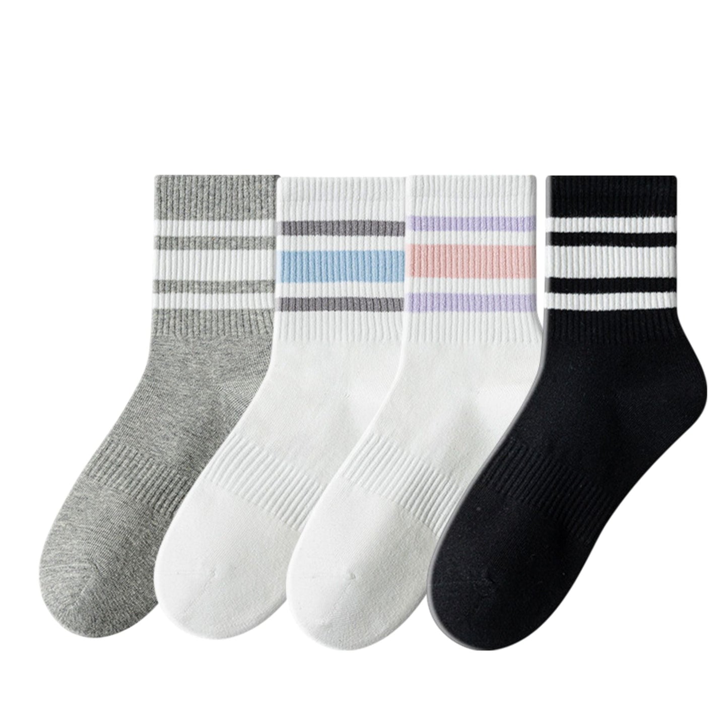 Anna-Kaci Crew Socks 4-Pack White Base Colorful Ribbed Cuff Striped Design Stretch Comfort Breathable Fit