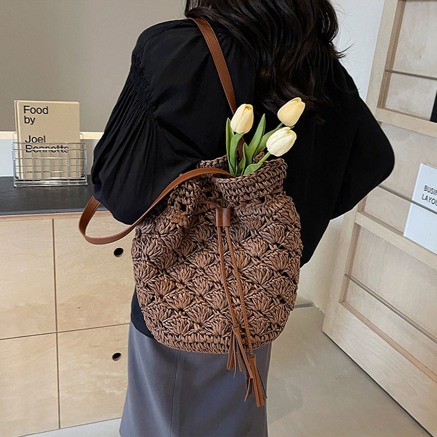 Anna-Kaci Women's Rustic Straw Shoulder Bag with Leather Accents