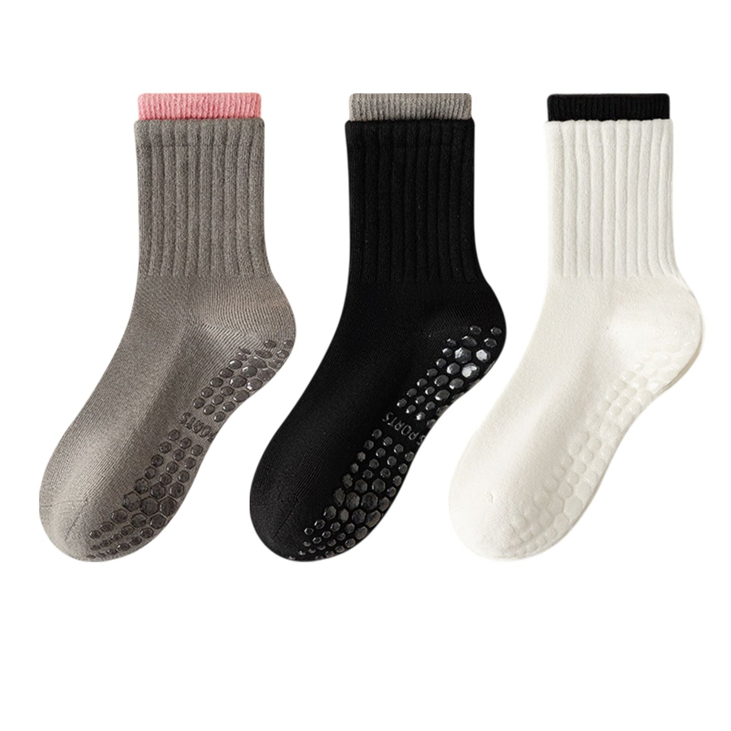Anna-Kaci Womens Non-Slip Grip Crew Socks 3 Pair Pack Custom Color Combos Soft Ribbed Cotton with 3D Silicone Heel