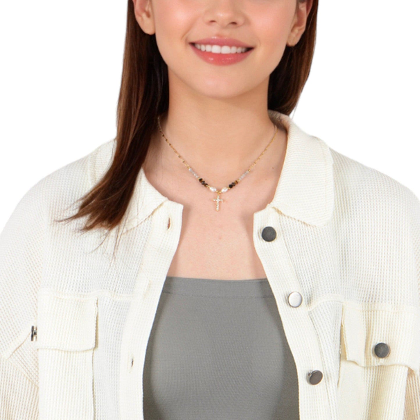 Alilang Beaded Cross Pendant Necklace with Faceted Stones and Gold Chain