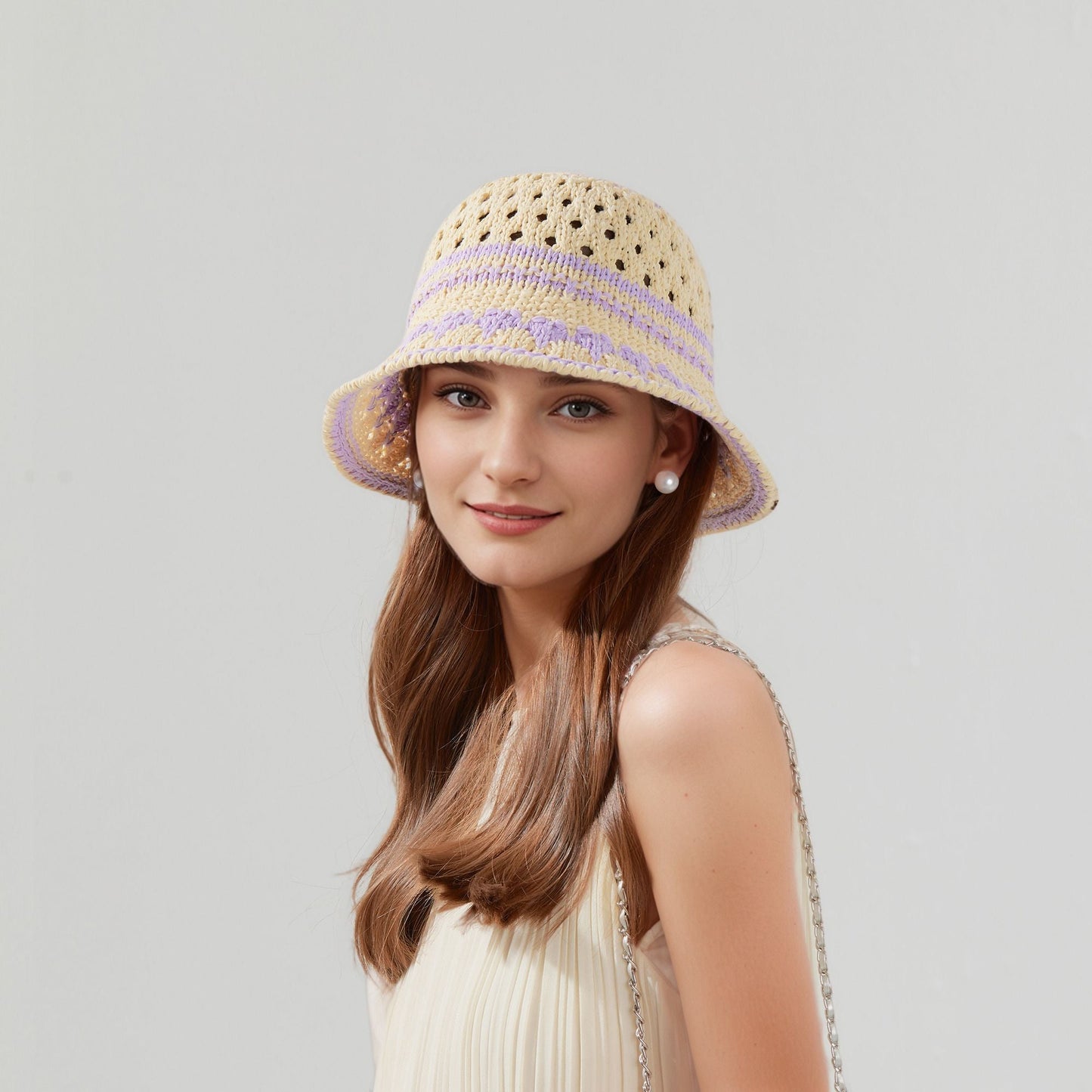 Anna-Kaci Crochet Knit Bucket Hat with Openwork Floral Pattern and Rolled Brim for Lightweight Summer Style