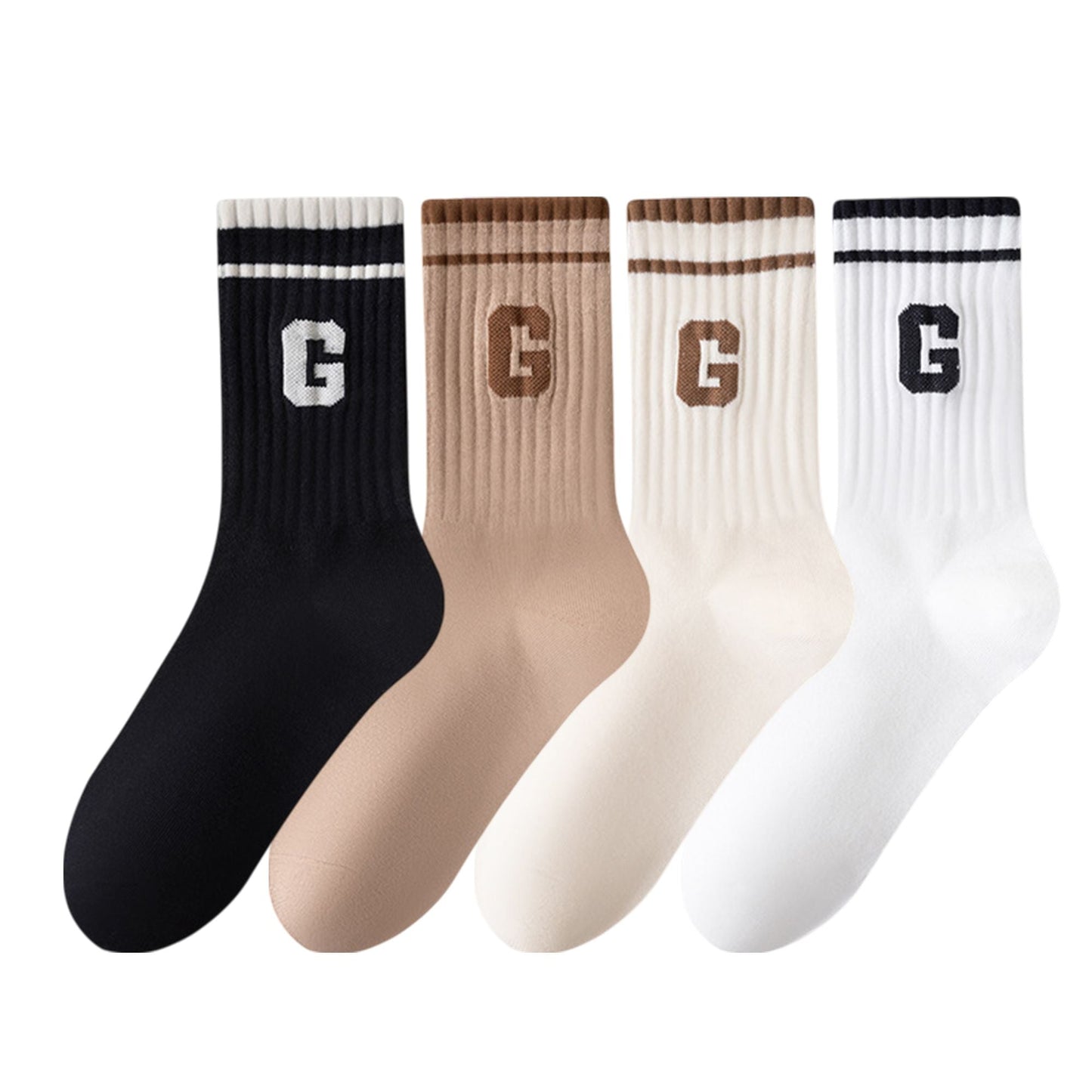 Anna-Kaci Women's 4-Pair Pack Ribbed Cotton Crew Socks with Striped Cuffs and G Letter Detail in Neutral Athletic Color Combinations