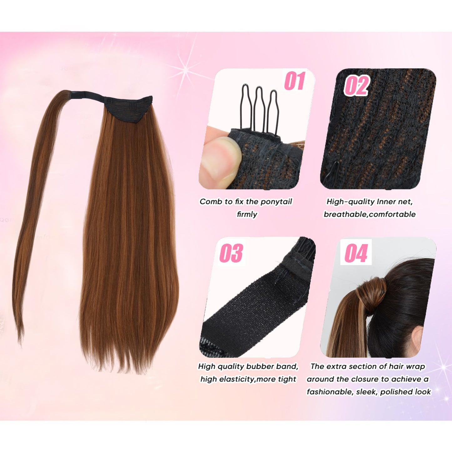 Alilang Straight Ponytail Extension - 24 Inch Long Straight Wrap Around Ponytail for Women Clip Ponytail Hair Extensions Synthetic