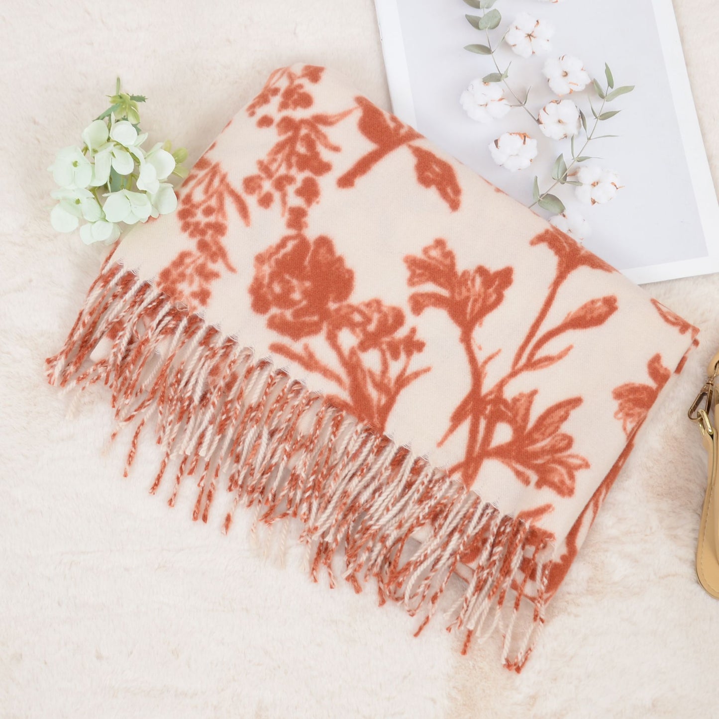 Women's Floral Print Winter Scarf Soft Cashmere Feel Fringe Shawl Wrap Scarves for Evening Dress