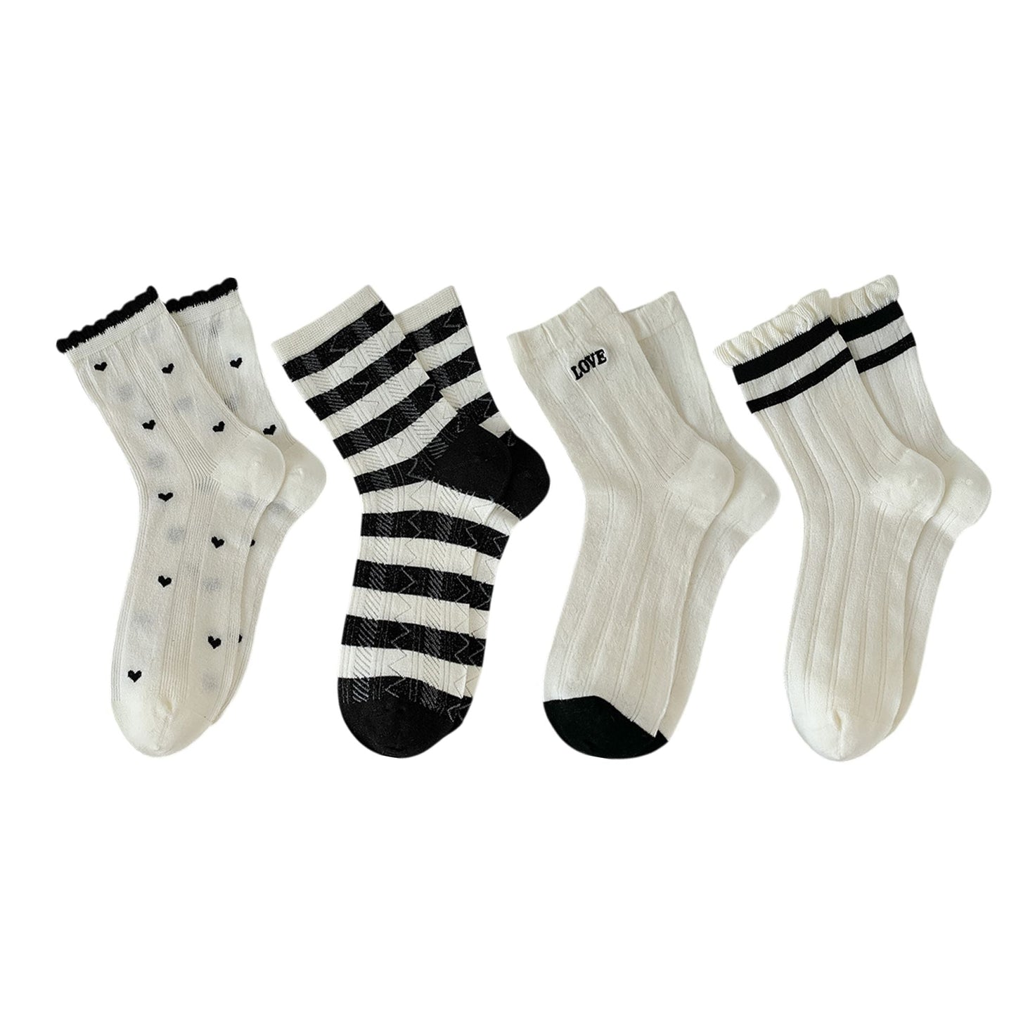 Anna-Kaci 4 Pairs Women's Crew Socks with Black and White Patterns Soft Cotton Texture Heart and Stripe for Flats and Dress Shoes