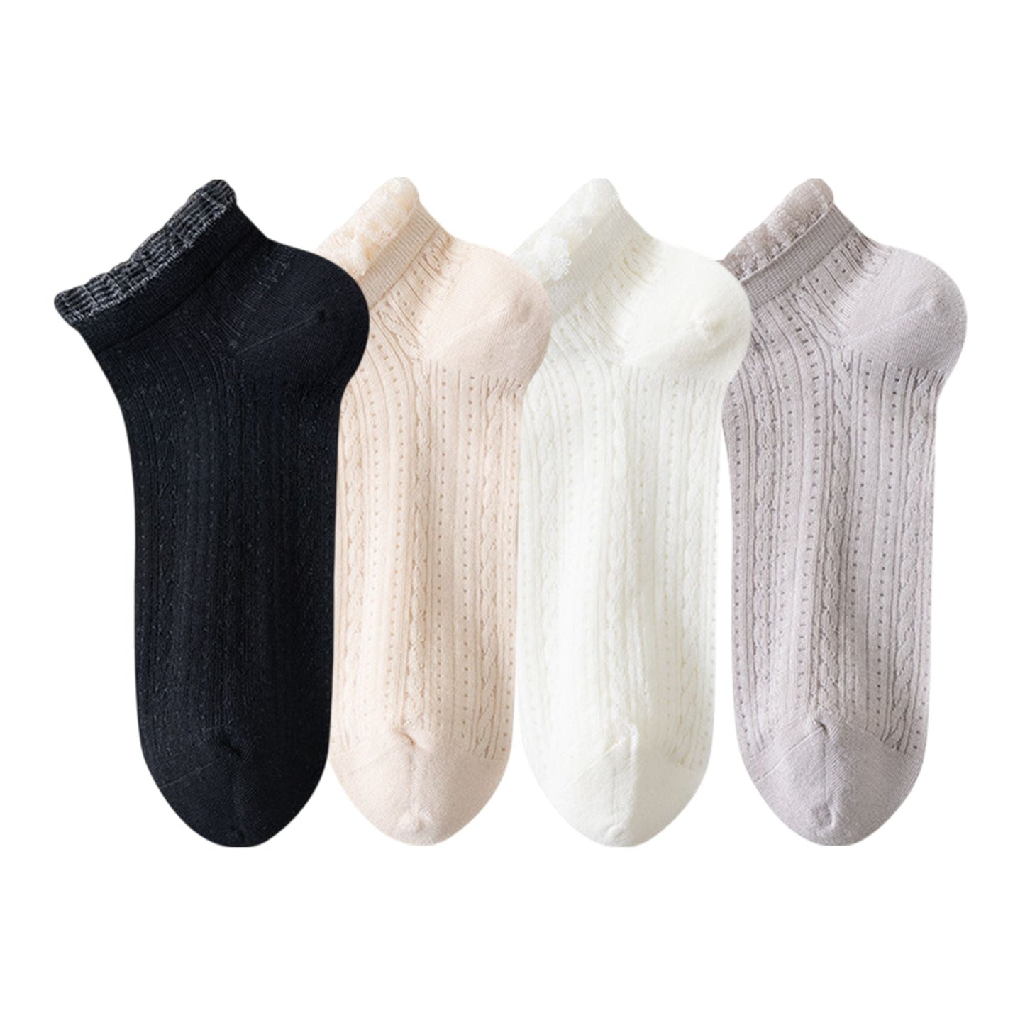 Anna-Kaci Women's 4-Pair Pack Breathable Lace Trim Ankle Socks with Open Knit Mesh Texture and Cotton Comfort