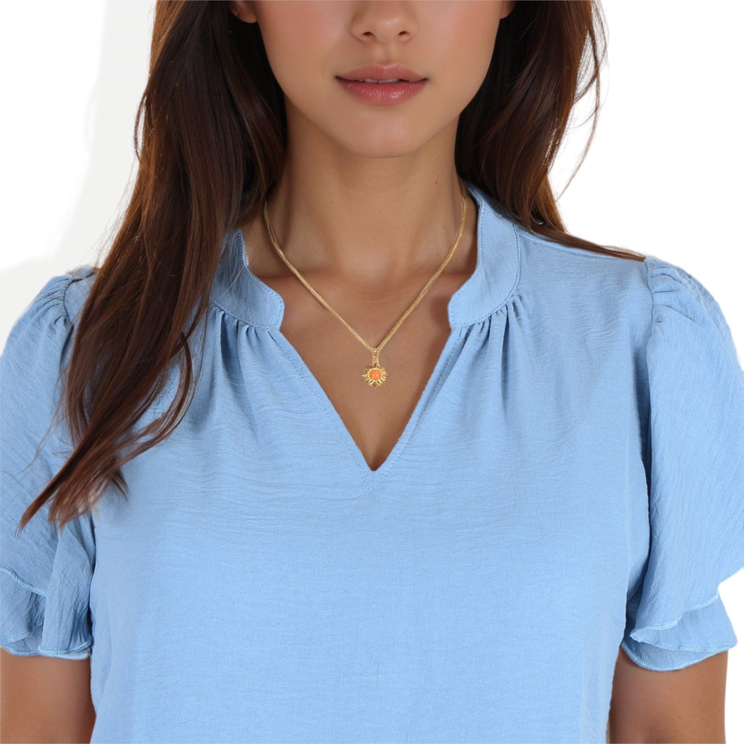 Women's Stainless Steel Necklace with 18K Gold Plated Sun Pendant, Orange Acrylic Stone, Adjustable Chain, Unique Design