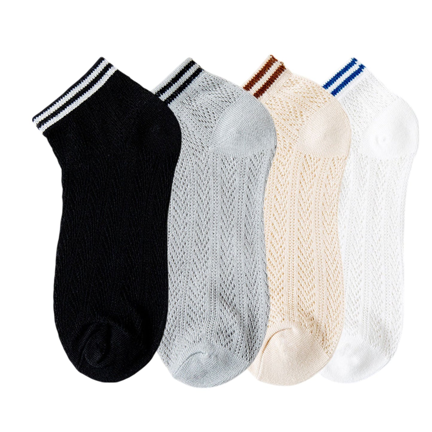 Anna-Kaci Women's 4-Pair Pack Lightweight Mesh Ankle Socks with Striped Cuffs Breathable Knit Texture