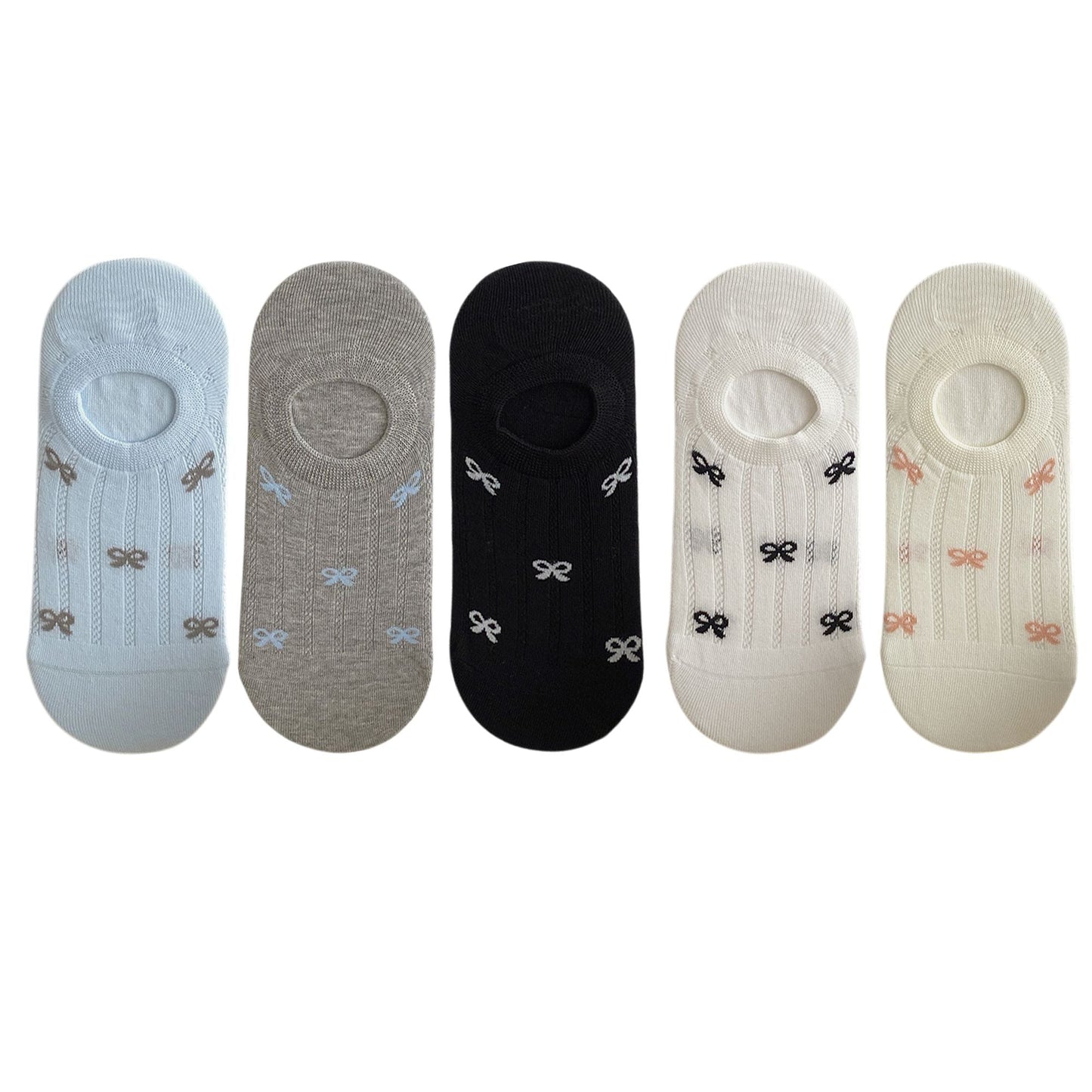 Anna-Kaci 5 Pairs Women's Bow Pattern Low Cut No Show Socks Breathable Mesh Knit Anti-Slip Design Multiple Color Options