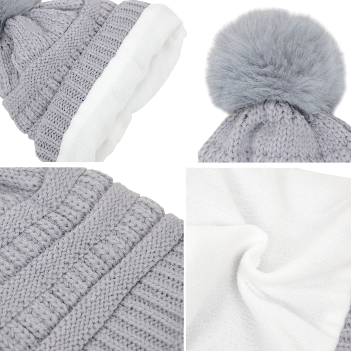 Winter Chunky Knit Slouchy Beanie with Faux Fur Pompom Warm Fleece Solid Color Chunky Baggy Hat for Women