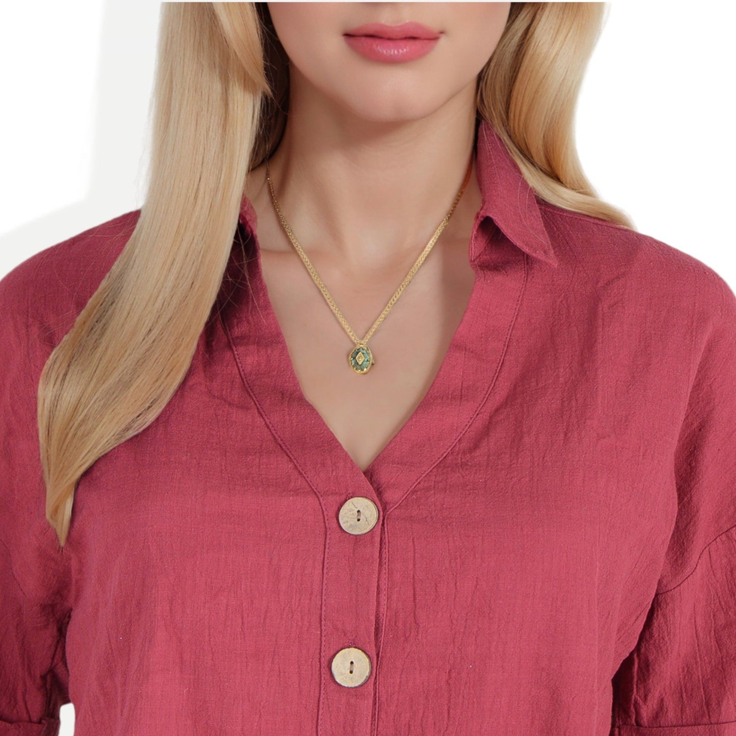 Women's Stainless Steel Necklace with 18K Gold Plated Pendant, Natural Green Stone Inlay, Adjustable Chain, Unique Design