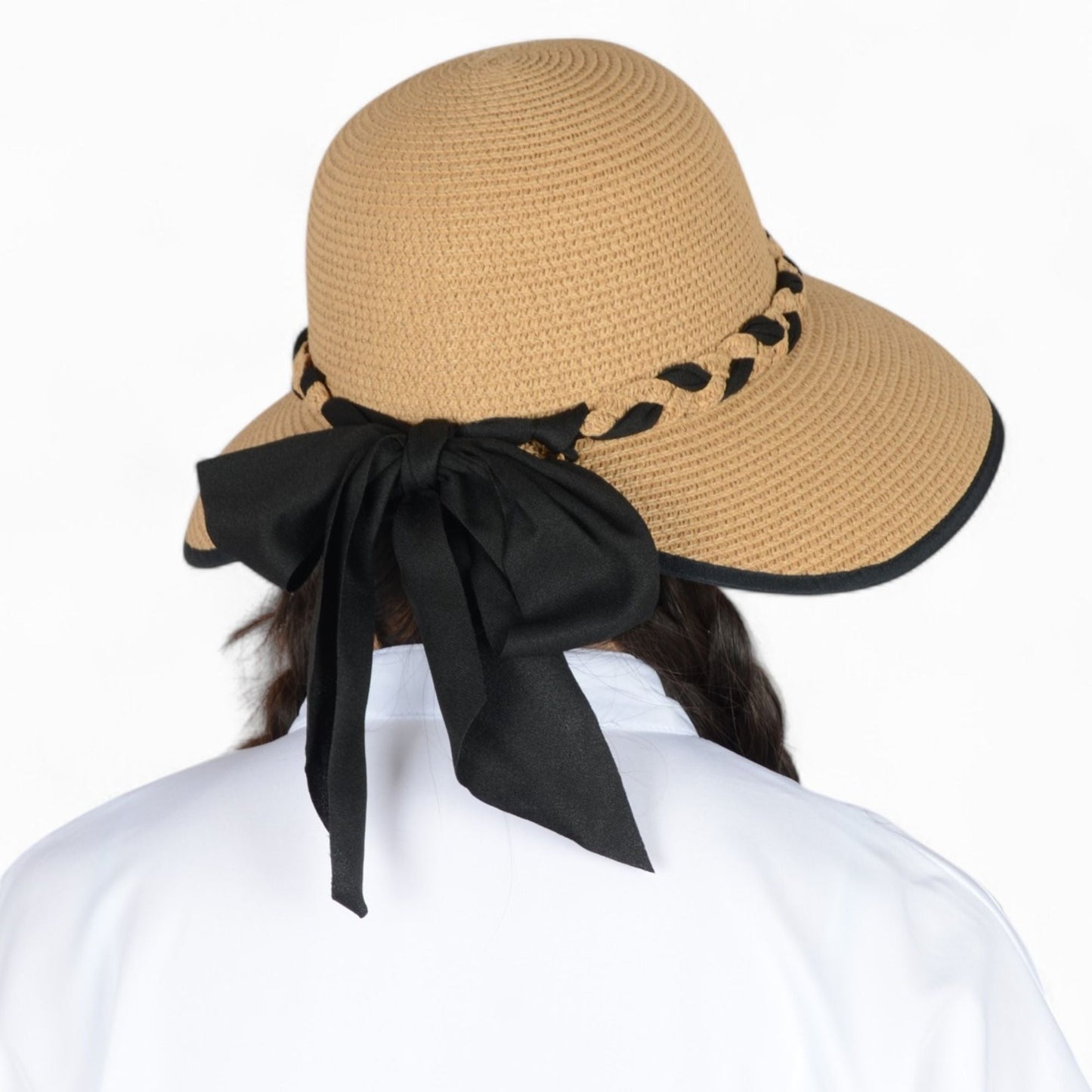 Anna-Kaci Women's Wide Brim Straw Hat with Braided Band and Contrast Bow Detail