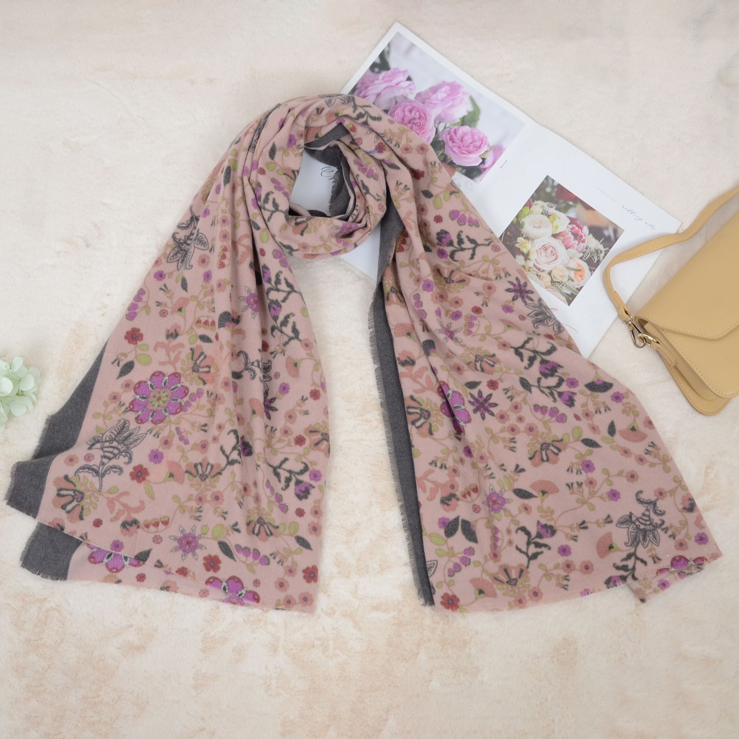 Floral Print Scarf Soft Cashmere Feel Shawl Wrap Winter Scarves for Women 74.8 x 25.6 inch