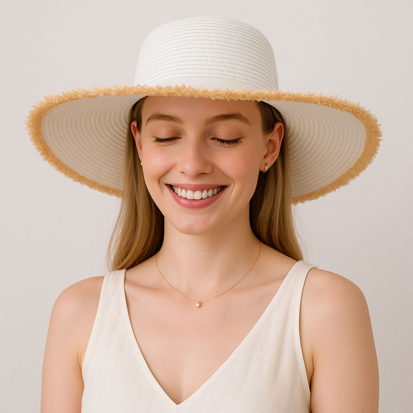 Anna-Kaci Wide Brim Straw Floppy Hat with Frayed Edges Lightweight Sun Protection for Beach Vacation Outdoor Travel Style