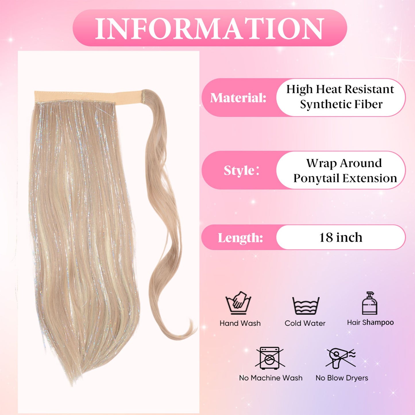 Alilang 18-Inch Sparkling Straight Wrap Around Ponytail Extension with Shimmering Tinsel Strands for Special Event Glam