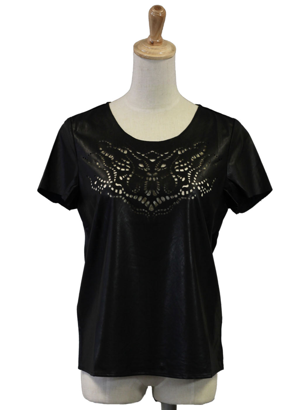Anna-Kaci Short Sleeve Faux Leather Top With Lazercut Scoop Neckline Design - ALILANG.COM