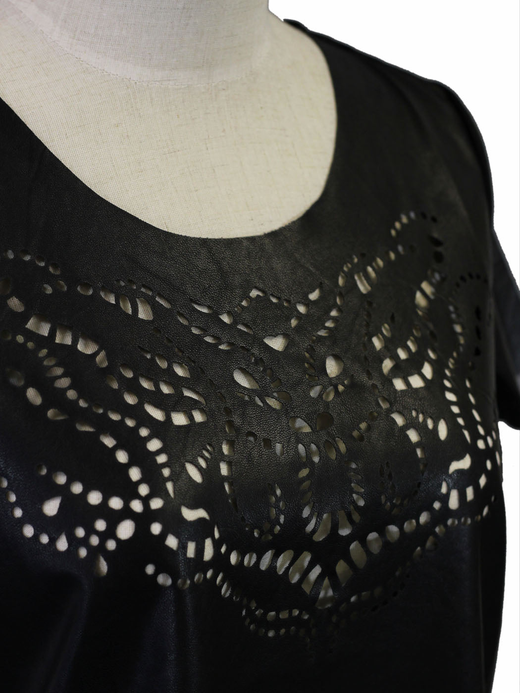 Anna-Kaci Short Sleeve Faux Leather Top With Lazercut Scoop Neckline Design - ALILANG.COM