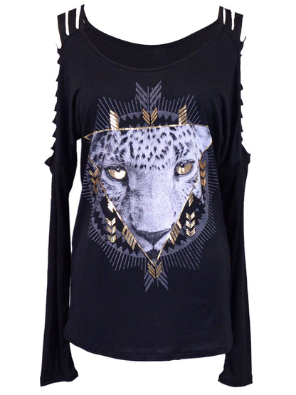 Anna-Kaci Long Sleeved Scoop Neckline Cheetah Print Top With Cut Out Sleeves - ALILANG.COM