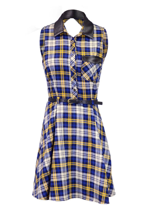 Double Zero Button Up All Over Plaid Printed Dress With Faux Leather Collar - ALILANG.COM