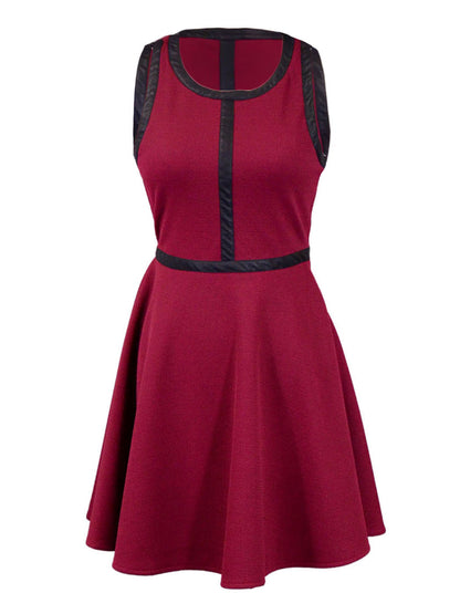 Double Zero Wine Colored Semi Casual Skater Style Dress With Faux Leather Trim - ALILANG.COM