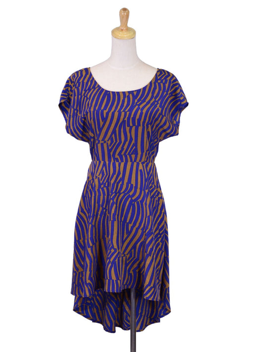 Lush High Royal Blue And Gold Design High Low Cap Sleeve Dress With Cutout Back - ALILANG.COM