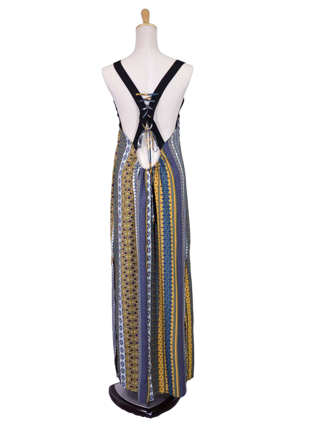 Honey Punch Sleeveless Black Strap All Over Aztec Print Maxi Tie Low Back Dress - ALILANG.COM