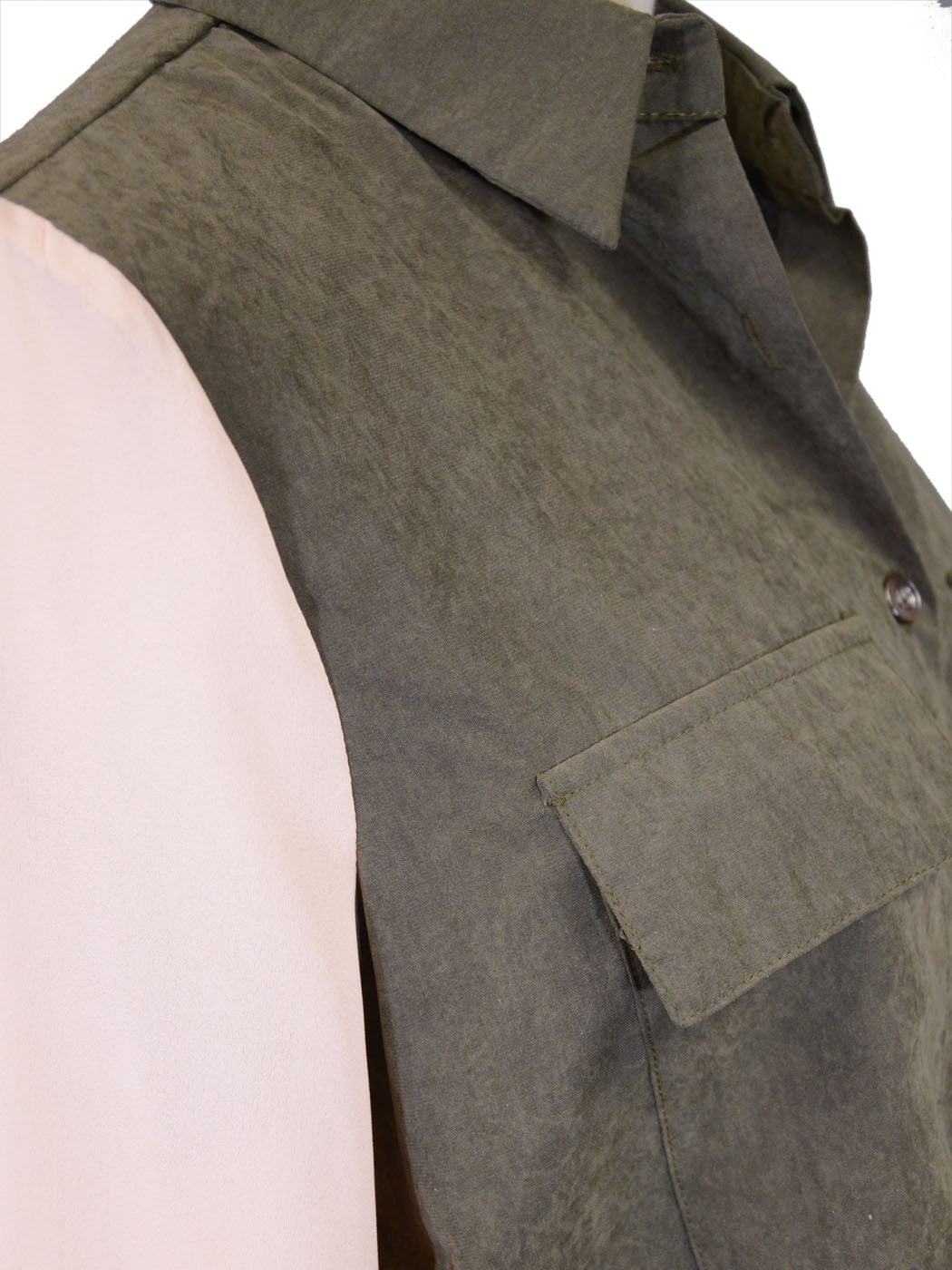 Everly Two Toned Dual Fabric Button Down Collared Blouse With Chiffon Sleeves - ALILANG.COM