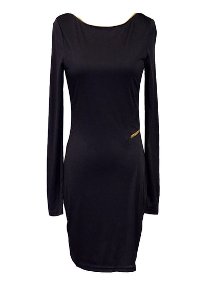 Ligali Long Sleeved Body Con Jersey Dress With Gold Zipper Trim And Low Back - ALILANG.COM