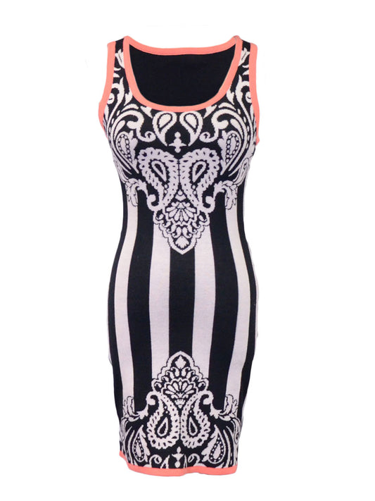 Flying Tomato Black And White Paisley And Striped Body Con Fitted Sweater Dress - ALILANG.COM