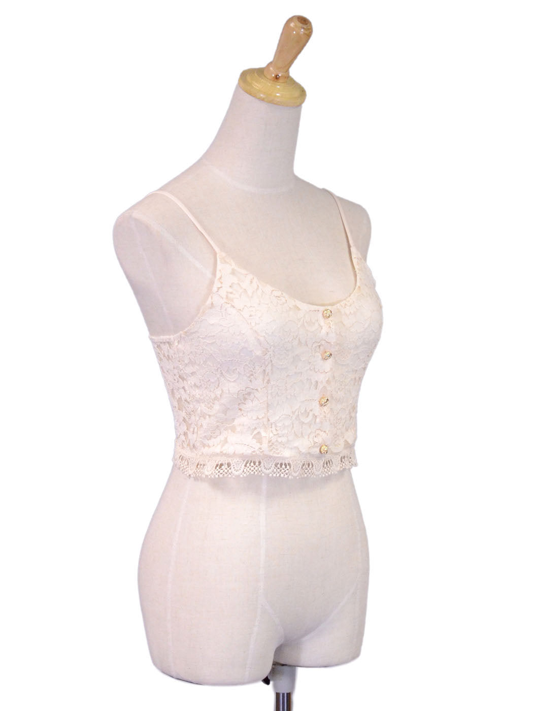 Lush Girly Gold Buttoned Fully Lined Lace Spaghetti Strap Off White Cropped Top - ALILANG.COM
