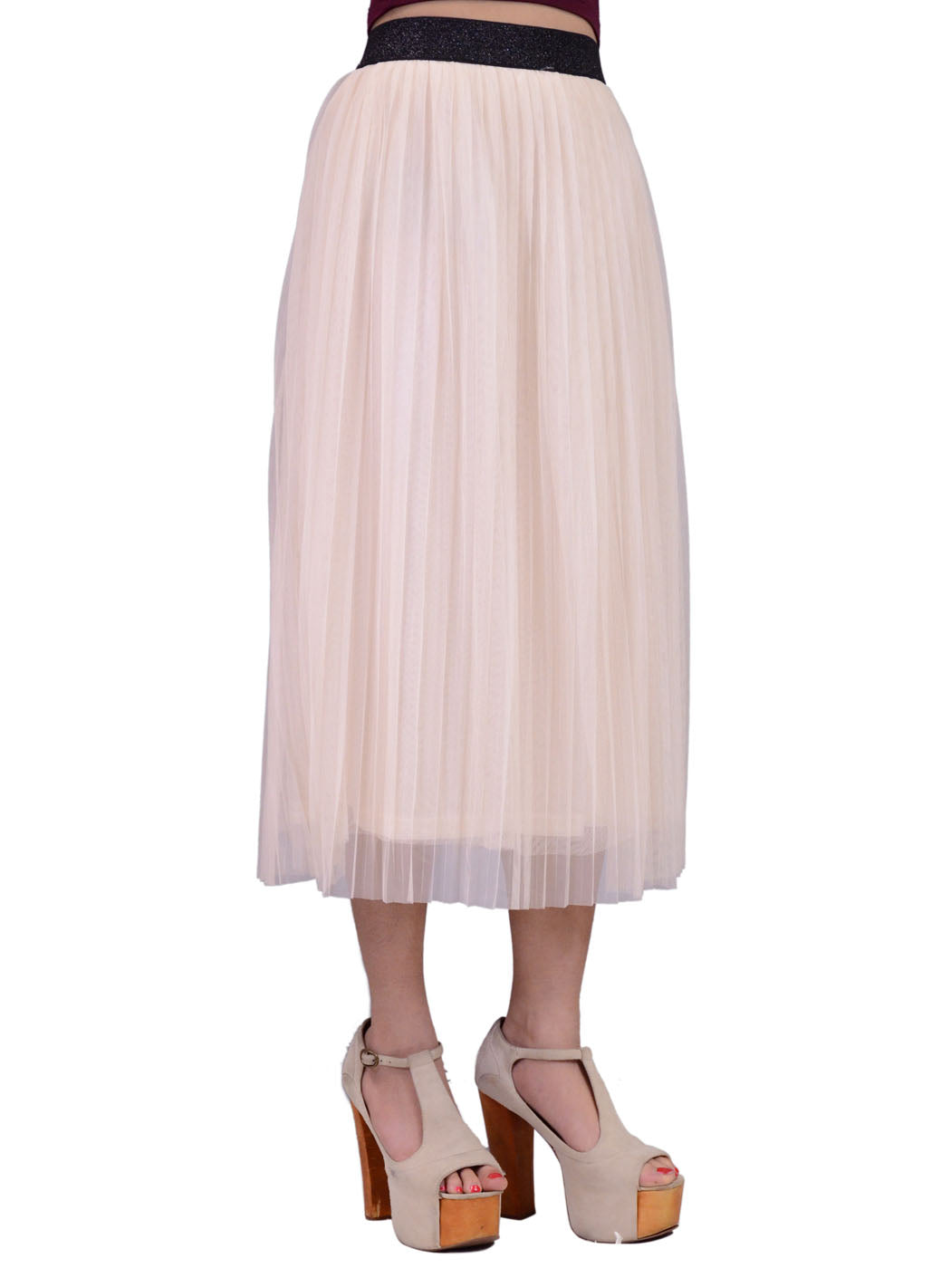 Everly Ballerina Mesh Acordian Pleated Midi Skirt With Glittery Waist Band - ALILANG.COM