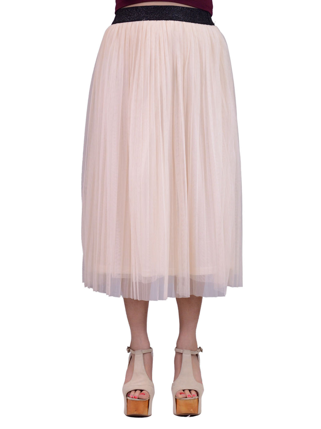 Everly Ballerina Mesh Acordian Pleated Midi Skirt With Glittery Waist Band - ALILANG.COM