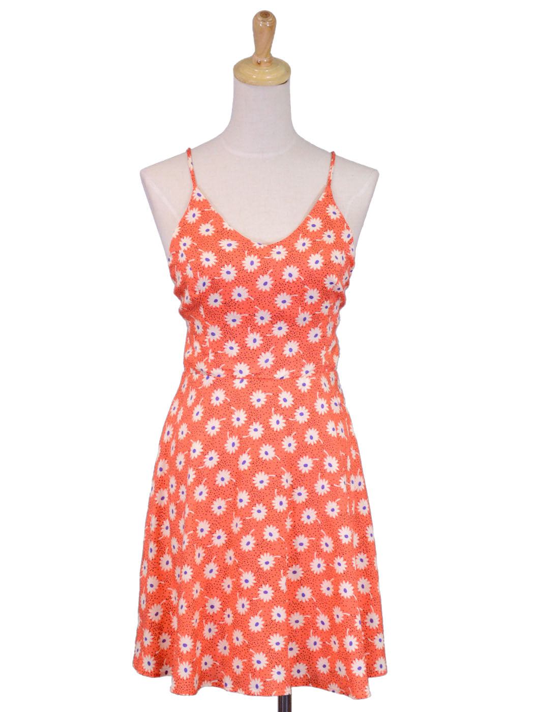 Lush Orange Daisy Floral Printed Spaghetti Strap Bare Back Flare Girly Dress - ALILANG.COM