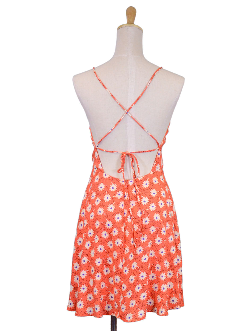 Lush Orange Daisy Floral Printed Spaghetti Strap Bare Back Flare Girly Dress - ALILANG.COM