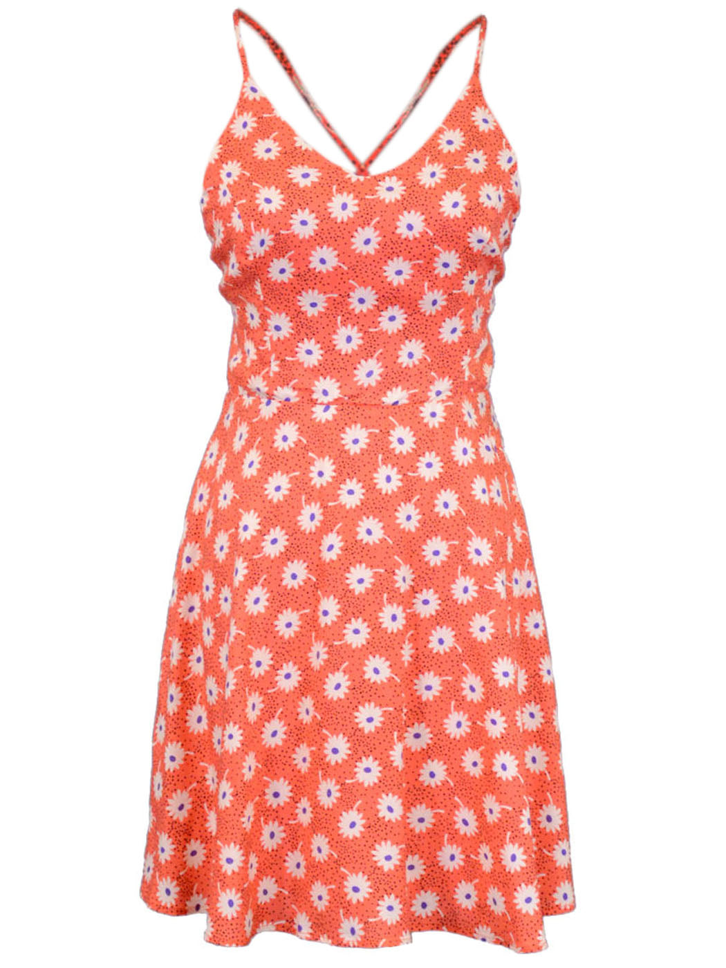 Lush Orange Daisy Floral Printed Spaghetti Strap Bare Back Flare Girly Dress - ALILANG.COM