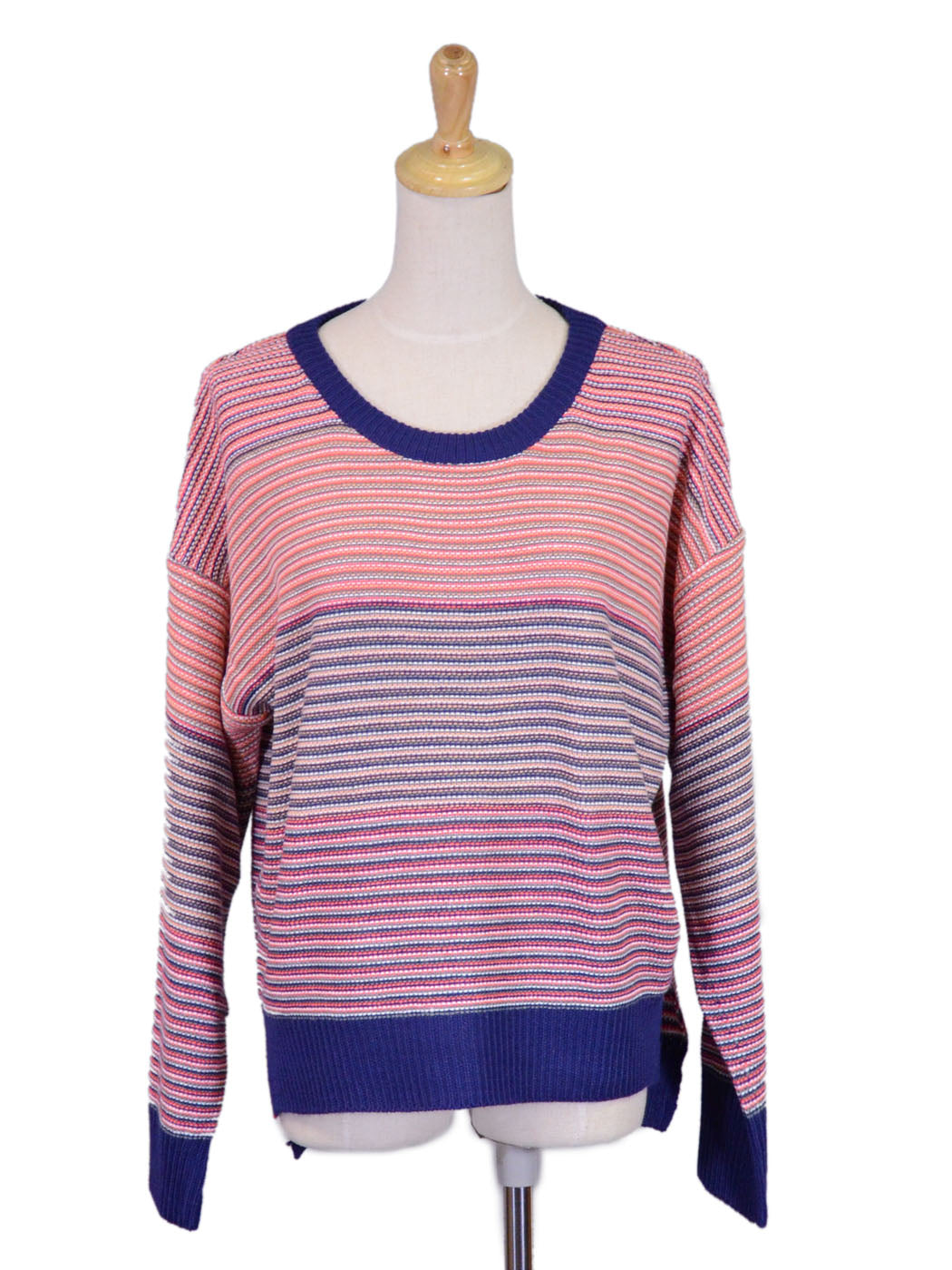 Lush Long Sleeved Multicolored Striped Slightly High Low Lightweight Sweater - ALILANG.COM