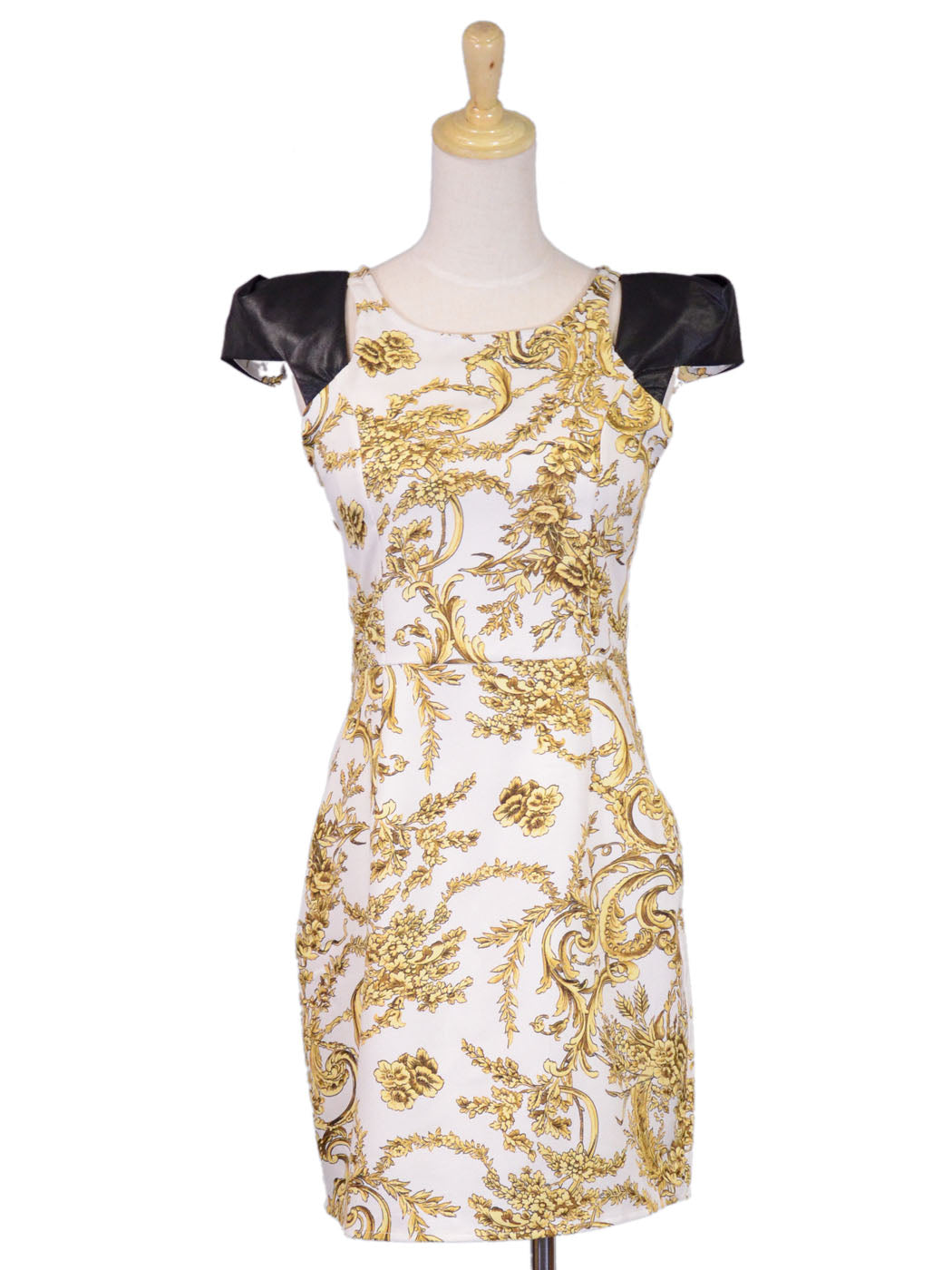 Joyce Clothing Gold Royal Print White Mini Dress With Faux Leather Cap Sleeves - ALILANG.COM