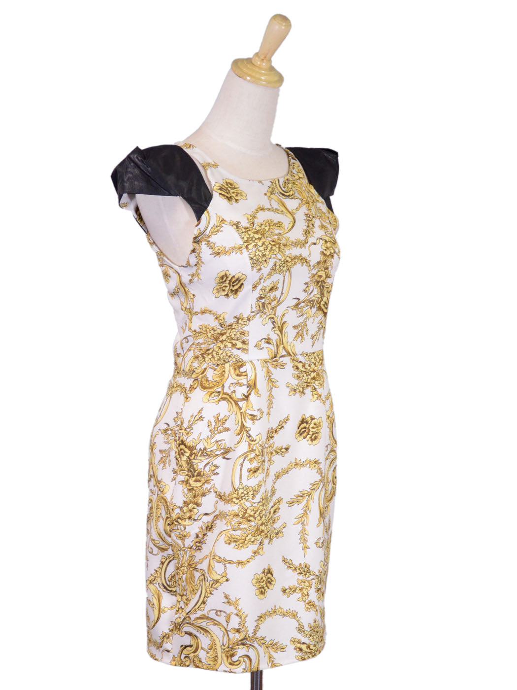 Joyce Clothing Gold Royal Print White Mini Dress With Faux Leather Cap Sleeves - ALILANG.COM