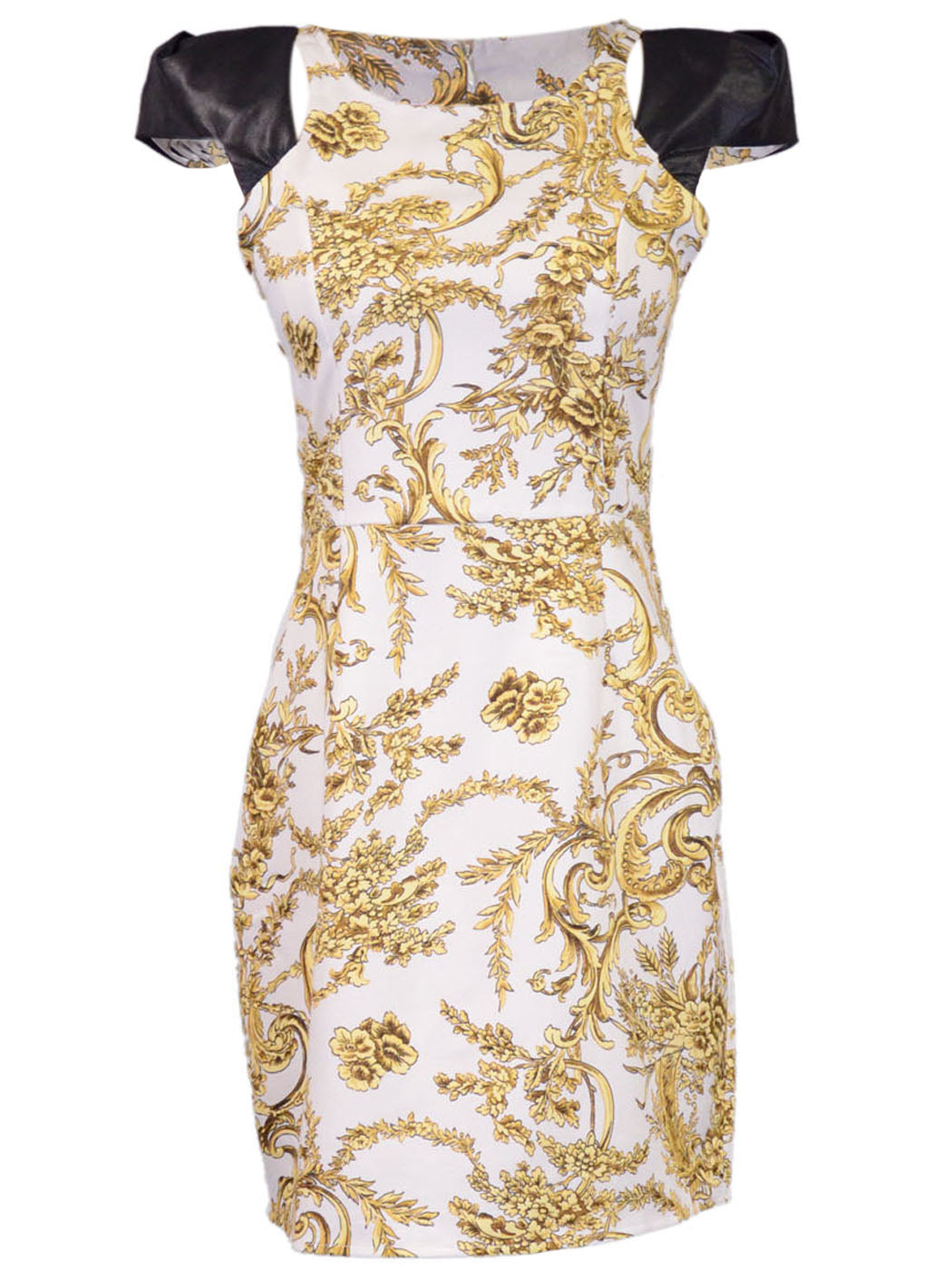 Joyce Clothing Gold Royal Print White Mini Dress With Faux Leather Cap Sleeves - ALILANG.COM