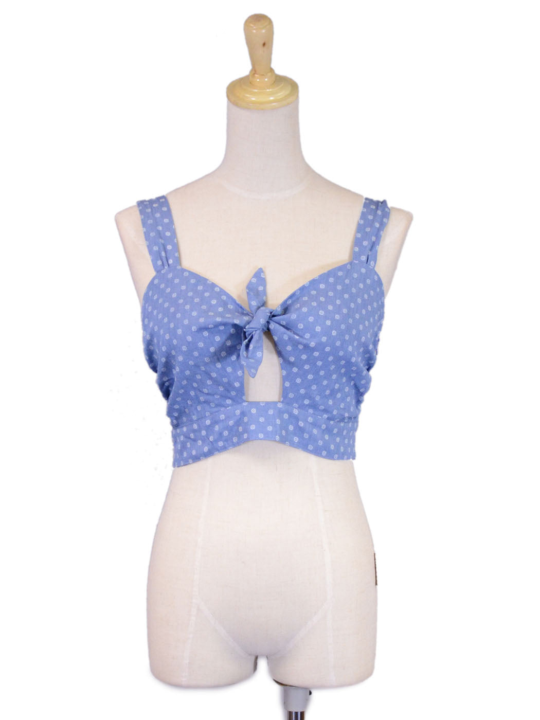 Moon Collection Chambray Polka Dot Print Bustier Strapless Top With Front Tie - ALILANG.COM