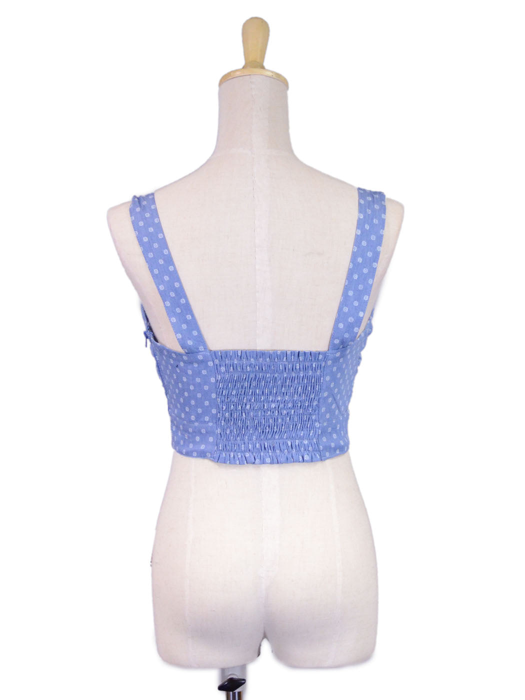 Moon Collection Chambray Polka Dot Print Bustier Strapless Top With Front Tie - ALILANG.COM