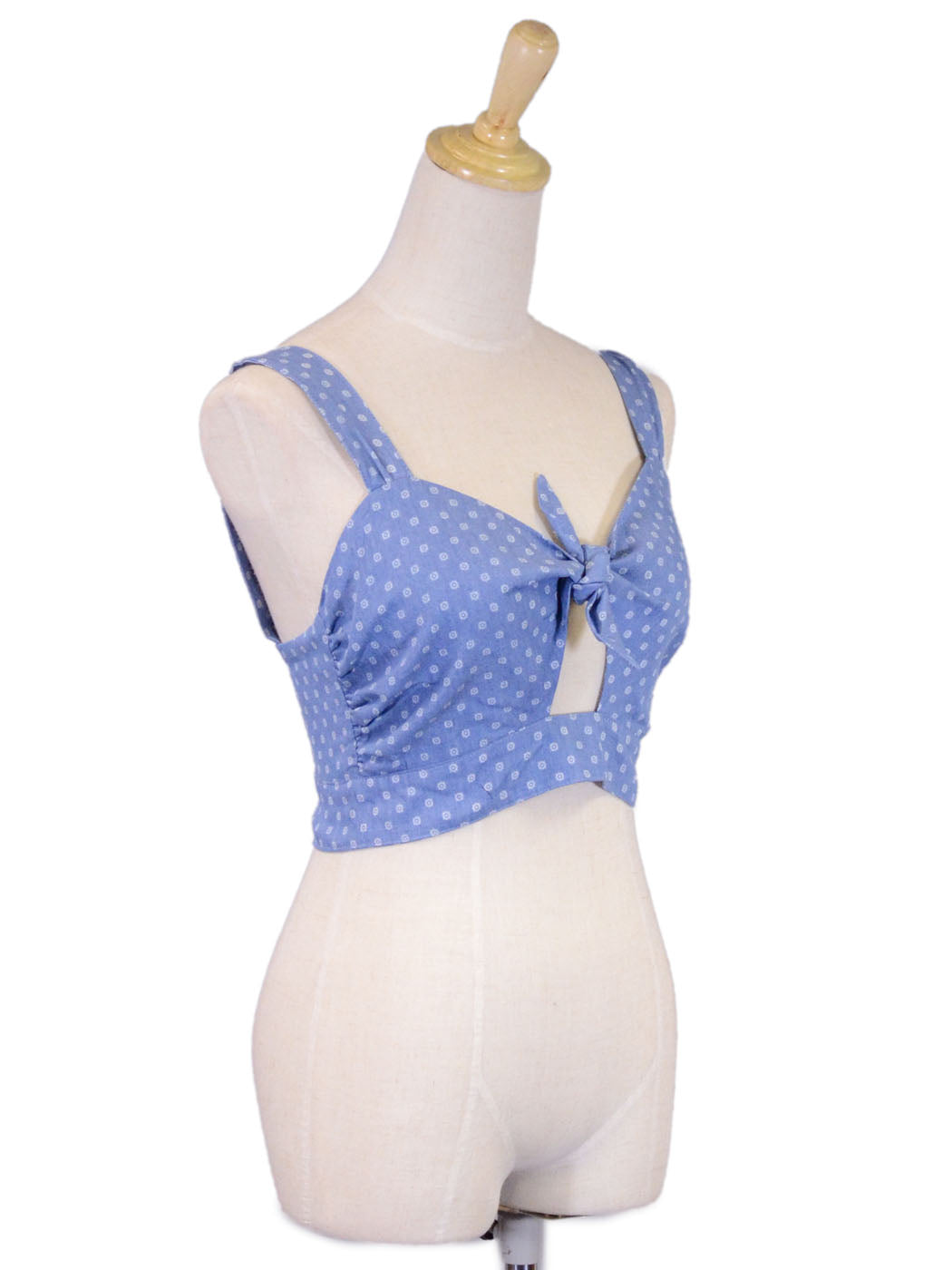 Moon Collection Chambray Polka Dot Print Bustier Strapless Top With Front Tie - ALILANG.COM