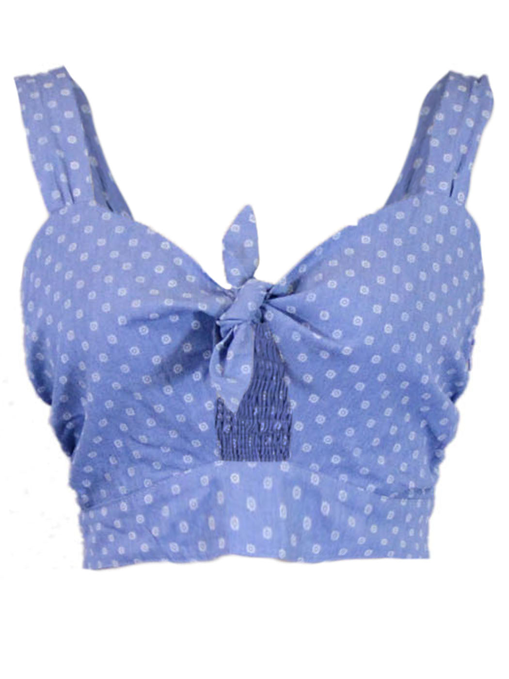 Moon Collection Chambray Polka Dot Print Bustier Strapless Top With Front Tie - ALILANG.COM