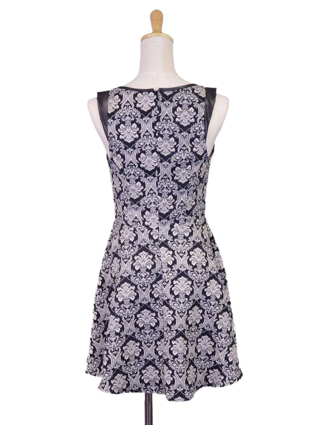 Anna-Kaci Elegant Damask Printed Woven Faux Leather Shoulder Sleeveless Dress