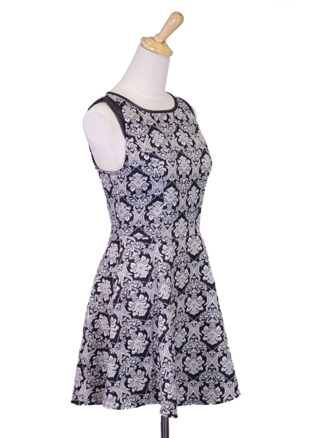 Anna-Kaci Elegant Damask Printed Woven Faux Leather Shoulder Sleeveless Dress
