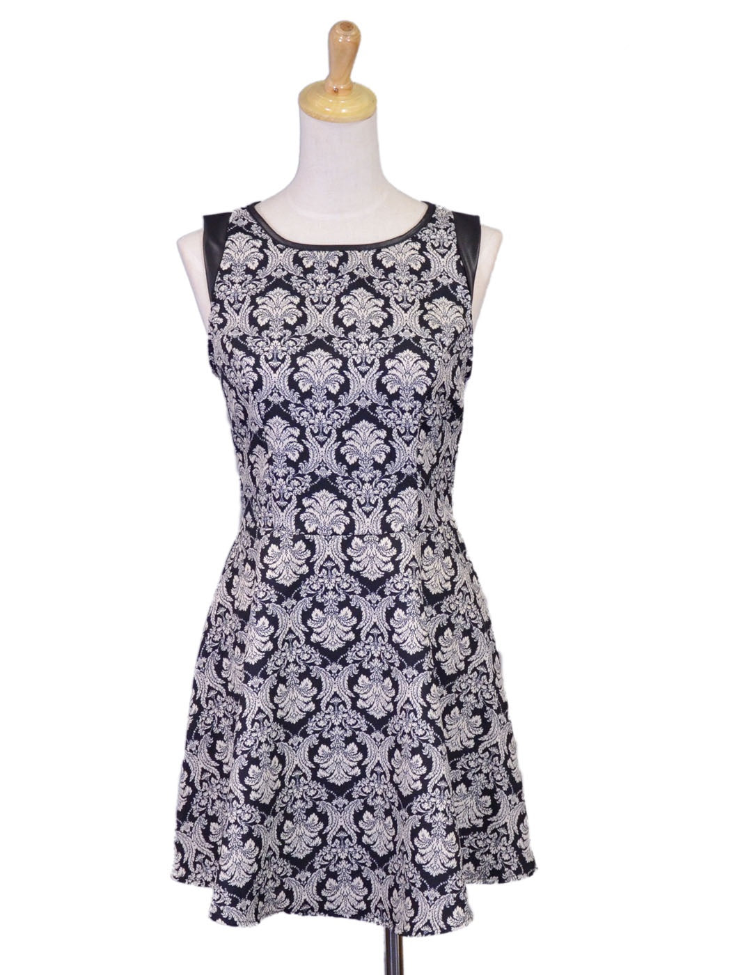 Anna-Kaci Elegant Damask Printed Woven Faux Leather Shoulder Sleeveless Dress